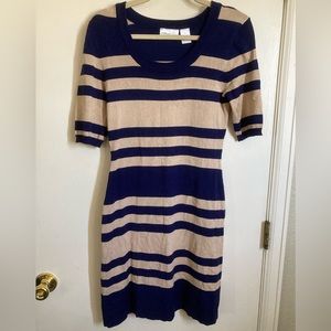 Allison Brittany Navy & Tan Striped Knit Sweater Dress #O